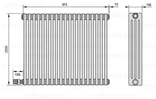 Схема (чертеж) Радиатор Zehnder Charleston 4250/19 №V004 Белый глянцевый RAL 9016